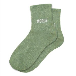 Chaussettes courtes à paillettes vert de gris avec inscription 'Morue', taille unique 36-42, idéales pour un look original, humoristique et estival.