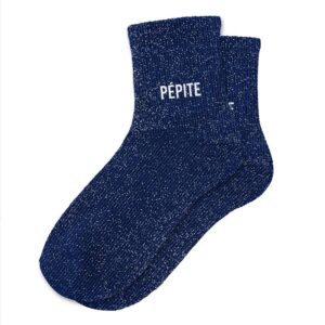 Chaussettes courtes à paillettes bleues avec inscription 'Pépite', taille unique 36-42, idéales pour un look original, tendance, estival et plein d'humour