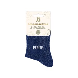Chaussettes courtes à paillettes bleues avec inscription 'Pépite', taille unique 36-42, idéales pour un look original, tendance, estival et plein d'humour