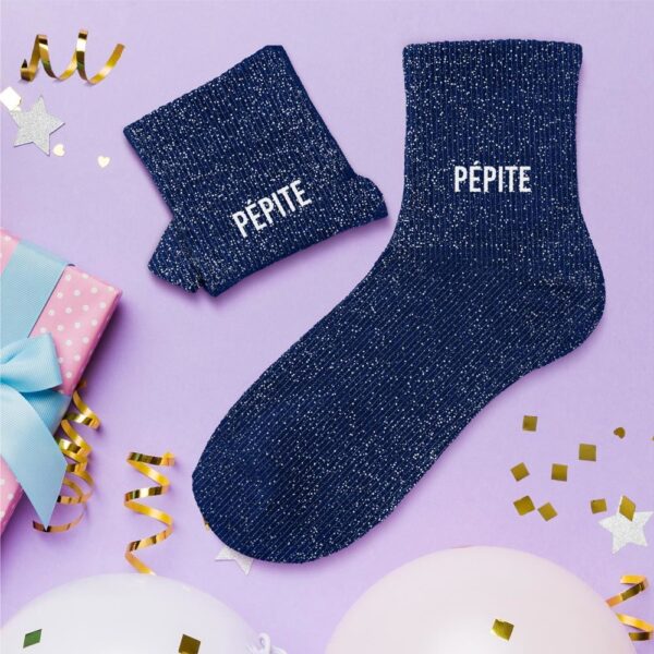 Chaussettes courtes à paillettes bleues avec inscription 'Pépite', taille unique 36-42, idéales pour un look original, tendance, estival et plein d'humour