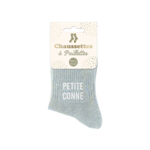 Chaussettes courtes à paillettes grises avec inscription 'Petite Conne', taille unique 36-42, idéales pour un look original, humoristique et décalé.