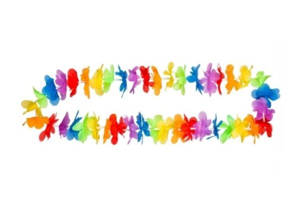 collier de fleurs Tahiti Hawaï Arc en Ciel multicolore. Matière 100% tissu synthétique. Collier composé de 30 doubles fleurs de 6cm de diamètre environ. Longueur 1m environ