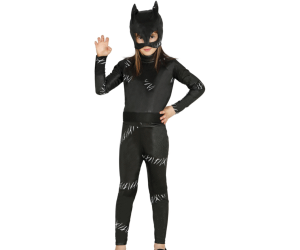 Déguisement Black Kitty enfant comprenant une combinaison noire, une ceinture et un masque avec oreilles de chat, idéal pour les fêtes costumées, Carnaval, Halloween, les spectacles