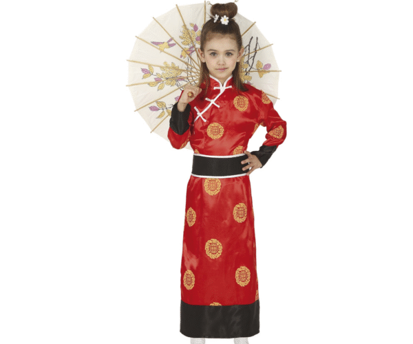 Déguisement de Chinoise enfant comprenant un kimono rouge orné de motifs dorés et une ceinture noire, idéal pour les fêtes d'anniversaire, le Carnaval, le Nouvel An chinois, les spectacles scolaires ou les fêtes à thème asiatique.