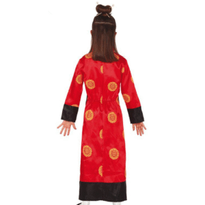 Déguisement de Chinoise enfant comprenant un kimono rouge orné de motifs dorés et une ceinture noire, idéal pour les fêtes d'anniversaire, le Carnaval, le Nouvel An chinois, les spectacles scolaires ou les fêtes à thème asiatique.