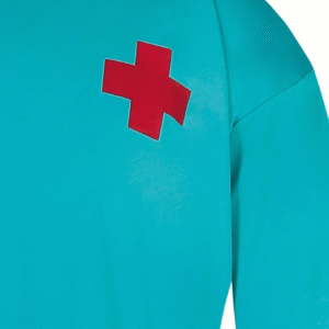 Déguisement de Chirurgien comprenant un t-shirt bleu-vert avec une croix rouge, un pantalon assorti, un masque et un chapeau, idéal pour les fêtes costumées, Halloween, les enterrements de vie de célibataire ou les soirées à thème médical