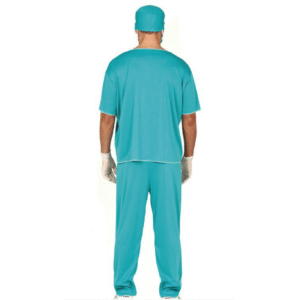 Déguisement de Chirurgien comprenant un t-shirt bleu-vert avec une croix rouge, un pantalon assorti, un masque et un chapeau, idéal pour les fêtes costumées, Halloween, les enterrements de vie de célibataire ou les soirées à thème médical