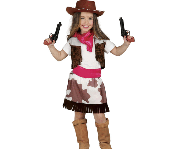 Déguisement de Cowgirl enfant comprenant une jupe, un gilet, une ceinture et un foulard à motifs, idéal pour les fêtes costumées, Carnaval, les anniversaires sur le thème du Far West, les kermesses ou les jeux d'imitation