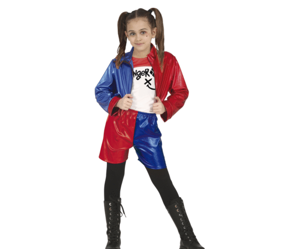 Déguisement Dangerous Girl enfant comprenant un short, un t-shirt et une veste avec des détails contrastés, idéal pour les fêtes costumées, Carnaval, Halloween, les spectacles ou les jeux d'imitation.