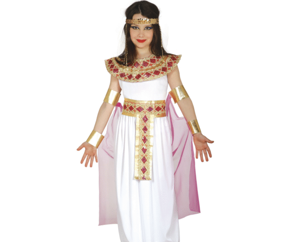 Déguisement d'Égyptienne enfant comprenant une robe blanche ornée de détails dorés, une cape, une ceinture et des bracelets, idéal pour les fêtes d'anniversaire, le Carnaval, Halloween, les spectacles scolaires ou les fêtes à thème historique.
