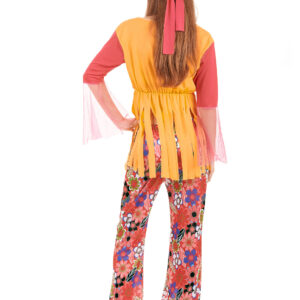 Déguisement de hippie pour femme, comprenant un tee-shirt rose court à manches évasées en résille, un gilet jaune à longues franges perlées, un pantalon élastique à motifs Flower Power et un bandeau rose, idéal pour les soirées à thème années 60/70, Carnaval et les festivals.