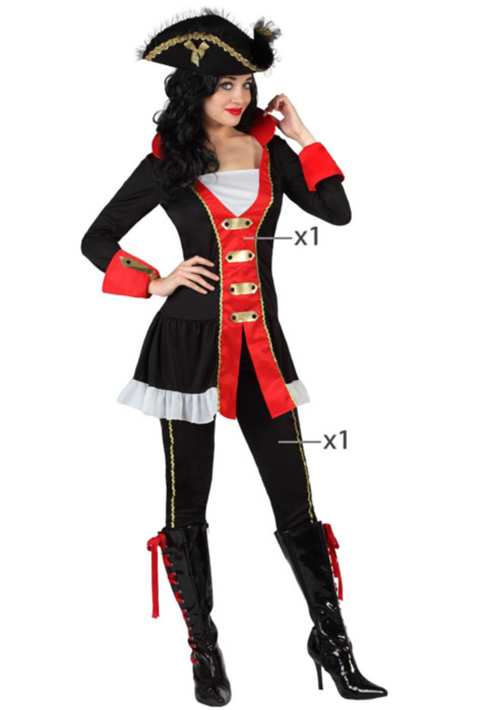Déguisement de pirate femme avec tunique noire, rouge et or à revers bordée de doré et pantalon noir, idéal pour les soirées costumées, Halloween ou Carnaval.