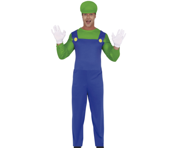Déguisement de Plombier vert adulte comprenant un t-shirt vert, une salopette bleue et un chapeau vert avec le logo L, idéal pour les fêtes costumées, le Carnaval, Halloween, les anniversaires sur le thème des jeux vidéo, les conventions ou les soirées entre amis