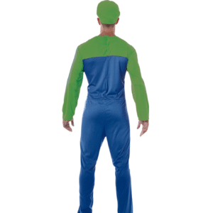 Déguisement de Plombier vert adulte comprenant un t-shirt vert, une salopette bleue et un chapeau vert avec le logo L, idéal pour les fêtes costumées, le Carnaval, Halloween, les anniversaires sur le thème des jeux vidéo, les conventions ou les soirées entre amis