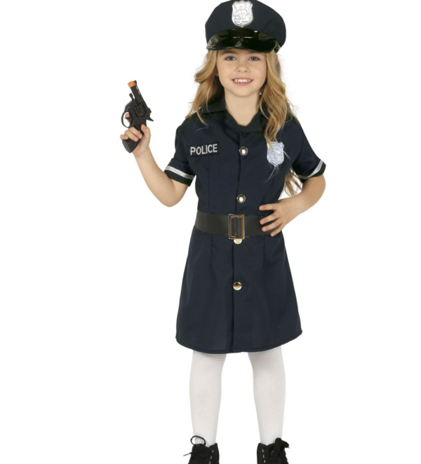 Déguisement de policière pour enfant, comprenant une robe, une ceinture et un chapeau/casquette, idéal pour les fêtes déguisées, Carnaval, Halloween et les jeux de rôle.