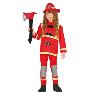 Déguisement de Pompier enfant comprenant une veste et un pantalon rouges et un chapeau, idéal pour les fêtes costumées, le Carnaval, Halloween, les spectacles scolaires, les kermesses ou les jeux d'imitation.