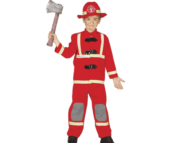 Déguisement de Pompier enfant comprenant une veste et un pantalon rouges et un chapeau, idéal pour les fêtes costumées, le Carnaval, Halloween, les spectacles scolaires, les kermesses ou les jeux d'imitation.
