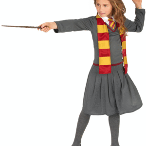 Déguisement d'apprentie sorcière pour fille avec pull gris à faux chemisier et cravate, jupe plissée et écharpe rayée rouge et jaune, idéal pour Carnaval, Halloween, les fêtes d'anniversaire sur le thème de la magie et les spectacles.