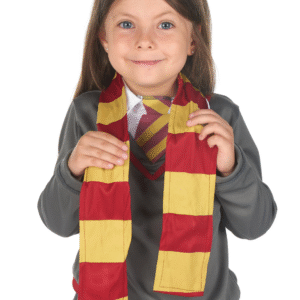 Déguisement d'apprentie sorcière pour fille avec pull gris à faux chemisier et cravate, jupe plissée et écharpe rayée rouge et jaune, idéal pour Carnaval, Halloween, les fêtes d'anniversaire sur le thème de la magie et les spectacles.