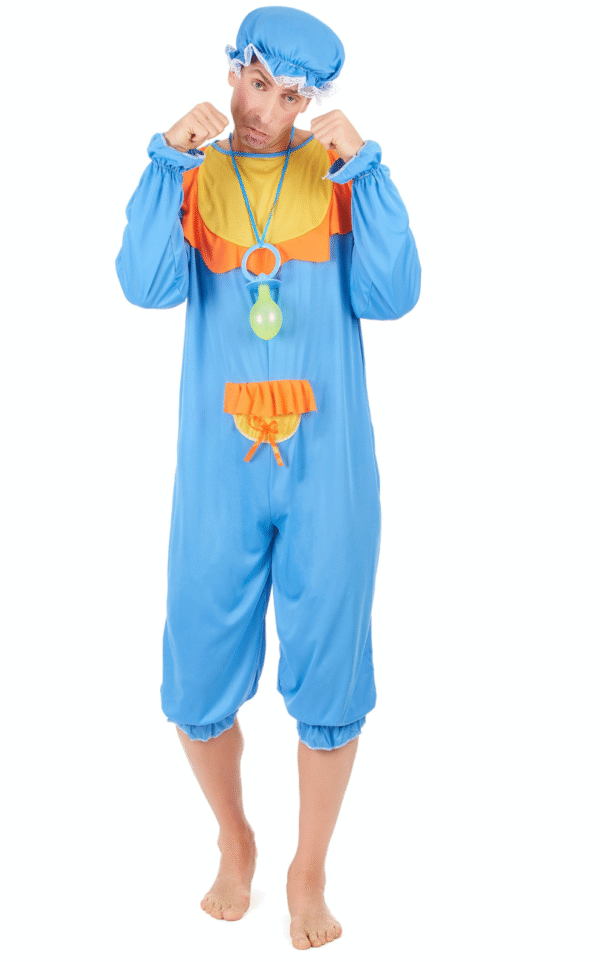 Déguisement de bébé bleu pour homme, bleu ciel avec bonnet et bavoir blanc
