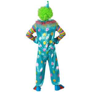 Déguisement de Clown composé d'une combinaison bleu turquoise à gros pois multicolores, d'un col à froufrous et d'élastiques aux poignets et aux chevilles.
