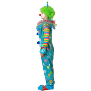 Déguisement de Clown composé d'une combinaison bleu turquoise à gros pois multicolores, d'un col à froufrous et d'élastiques aux poignets et aux chevilles.