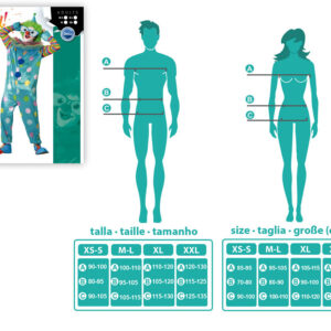 Déguisement de Clown composé d'une combinaison bleu turquoise à gros pois multicolores, d'un col à froufrous et d'élastiques aux poignets et aux chevilles.