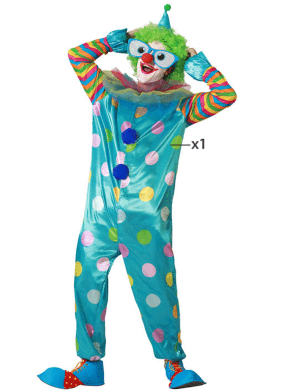 Déguisement de Clown composé d'une combinaison bleu turquoise à gros pois multicolores, d'un col à froufrous et d'élastiques aux poignets et aux chevilles.
