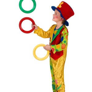 Déguisement de clown pour garçon, comprenant une combinaison à couleurs asymétriques jaune et vert à pois avec faux gilet rouge et à carreaux, nœud papillon, élastiques aux chevilles et poignets, et un chapeau haut de forme rouge et bleu avec une fleur, idéal pour le Carnaval et les fêtes sur le thème du cirque.