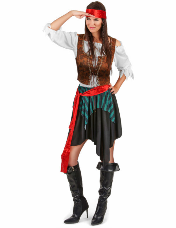 Déguisement de pirate femme comprenant une jupe rayée avec effet déchiré, un haut blanc à manches découpées, un gilet orné, une ceinture et un bandeau, idéal pour les soirées déguisées, Carnaval et les fêtes à thème pirate.