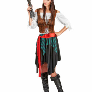 Déguisement de pirate femme comprenant une jupe rayée avec effet déchiré, un haut blanc à manches découpées, un gilet orné, une ceinture et un bandeau, idéal pour les soirées déguisées, Carnaval et les fêtes à thème pirate.