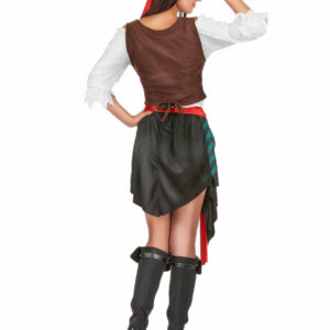 Déguisement de pirate femme comprenant une jupe rayée avec effet déchiré, un haut blanc à manches découpées, un gilet orné, une ceinture et un bandeau, idéal pour les soirées déguisées, Carnaval et les fêtes à thème pirate.