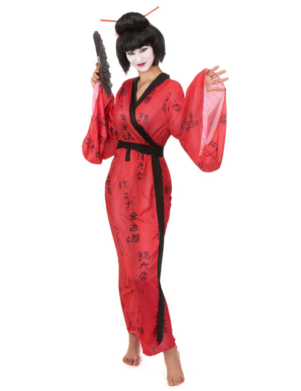Déguisement de geisha pour femme, composé d'un kimono rouge avec imprimés asiatiques et biais noir, et d'une large ceinture noire à nouer, idéal pour les soirées à thème Japon, Carnaval et Halloween.