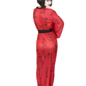 Déguisement de geisha pour femme, composé d'un kimono rouge avec imprimés asiatiques et biais noir, et d'une large ceinture noire à nouer, idéal pour les soirées à thème Japon, Carnaval et Halloween.