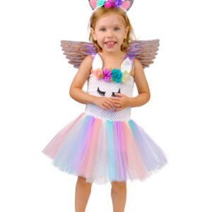 Déguisement de licorne pour fille, comprenant une robe blanche avec haut élastique décoré de fleurs, d'oreilles et de cils, un bas en tulle pastel arc-en-ciel, une paire d'ailes argentées à élastiques et un serre-tête rose orné de fleurs, d'oreilles et d'une corne argentée, idéal pour le Carnaval et les événements déguisés sur le thème des animaux féériques