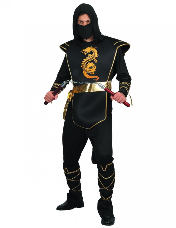 Déguisement de ninja pour homme, comprenant une combinaison noire souple à capuche, une armure en mousse souple avec un dragon doré imprimé à l'avant, une ceinture dorée et des jambières, idéal pour le Carnaval, les soirées déguisées, Halloween et les soirées à thème Japon