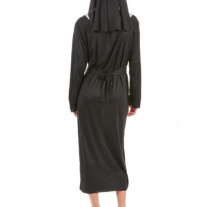 Déguisement de bonne sœur pour adulte, comprenant une robe noire ample à manches longues avec col blanc et fermeture à scratch dans la nuque, et une coiffe blanche et noire avec élastique blanc pour le maintien, idéal pour les soirées déguisées, Carnaval et Halloween.