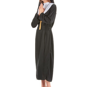 Déguisement de bonne sœur pour adulte, comprenant une robe noire ample à manches longues avec col blanc et fermeture à scratch dans la nuque, et une coiffe blanche et noire avec élastique blanc pour le maintien, idéal pour les soirées déguisées, Carnaval et Halloween.