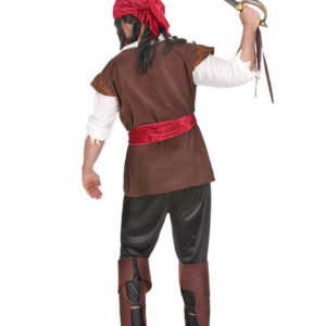 Déguisement d'homme pirate comprenant une chemise avec gilet intégré, un pantacourt, une ceinture, un bandana et des sur-bottes, idéal pour les soirées déguisées, Carnaval et les fêtes à thème pirate
