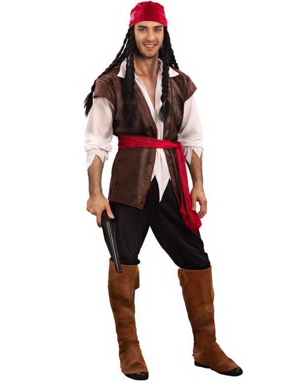Déguisement d'homme pirate comprenant une chemise avec gilet intégré, un pantacourt, une ceinture, un bandana et des sur-bottes, idéal pour les soirées déguisées, Carnaval et les fêtes à thème pirate