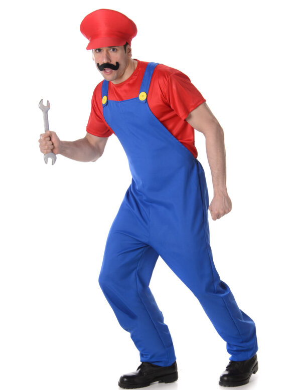 Déguisement de plombier rouge pour homme, comprenant une salopette bleue avec gros boutons jaunes, un t-shirt à manches courtes rouge et une casquette rouge, idéal pour le Carnaval, les soirées à thème jeux vidéo et les enterrements de vie de garçon.