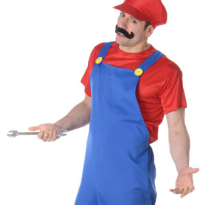 Déguisement de plombier rouge pour homme, comprenant une salopette bleue avec gros boutons jaunes, un t-shirt à manches courtes rouge et une casquette rouge, idéal pour le Carnaval, les soirées à thème jeux vidéo et les enterrements de vie de garçon.