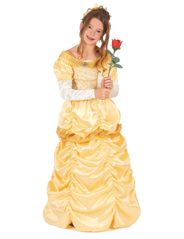 Déguisement de princesse beauté pour fille, comprenant une robe dorée avec buste et manches en velours doux, ornements de cœurs, voilage à l'encolure, jupon à deux cerceaux et une coiffe bandeau jaune satiné à nœud, idéal pour le Carnaval et les fêtes à thème contes de fées.
