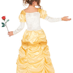 Déguisement de princesse beauté pour fille, comprenant une robe dorée avec buste et manches en velours doux, ornements de cœurs, voilage à l'encolure, jupon à deux cerceaux et une coiffe bandeau jaune satiné à nœud, idéal pour le Carnaval et les fêtes à thème contes de fées.