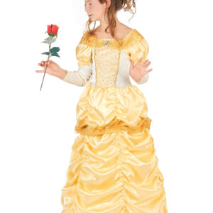 Déguisement de princesse beauté pour fille, comprenant une robe dorée avec buste et manches en velours doux, ornements de cœurs, voilage à l'encolure, jupon à deux cerceaux et une coiffe bandeau jaune satiné à nœud, idéal pour le Carnaval et les fêtes à thème contes de fées.