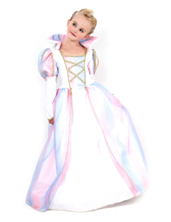 Déguisement de princesse multicolore pour fille, comprenant une robe blanche recouverte de tulle rose/violet avec bustier en velours blanc à laçage doré, manches bouffantes à liserés dorés, col droit scratché et finitions dorées, et un cerceau souple pour donner du volume, idéal pour les fêtes, les spectacles et Carnaval