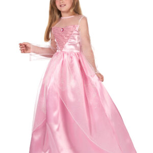 Déguisement de princesse pour fille, composé d'une robe rose en tissu satiné avec un buste orné d'un triangle brillant et des manches en tissu léger et transparent, idéal pour les fêtes, anniversaires et Carnaval