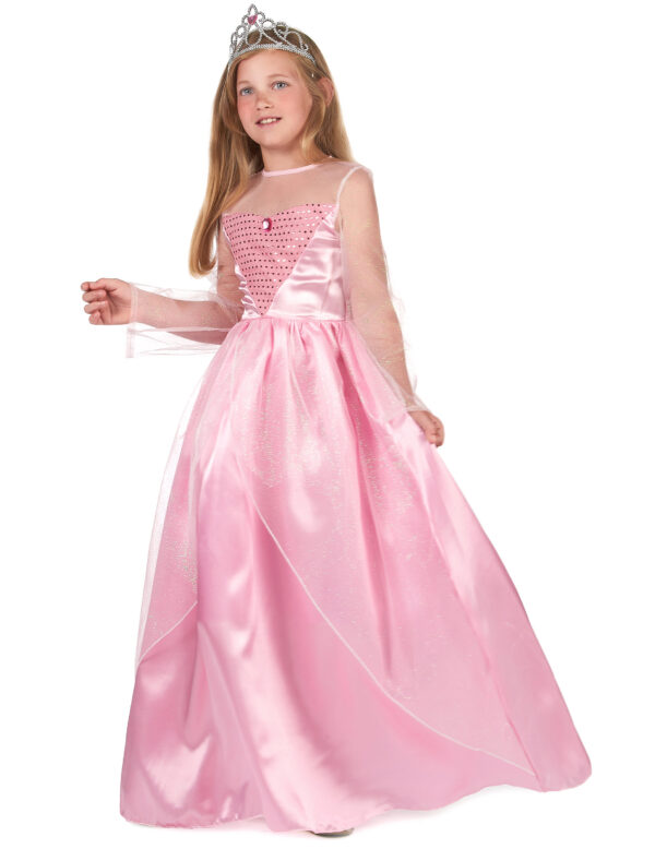 Déguisement de princesse pour fille, composé d'une robe rose en tissu satiné avec un buste orné d'un triangle brillant et des manches en tissu léger et transparent, idéal pour les fêtes, anniversaires et Carnaval