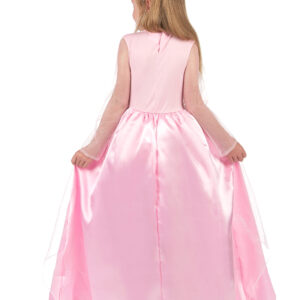 Déguisement de princesse pour fille, composé d'une robe rose en tissu satiné avec un buste orné d'un triangle brillant et des manches en tissu léger et transparent, idéal pour les fêtes, anniversaires et Carnaval