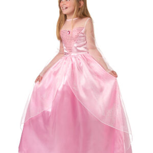 Déguisement de princesse pour fille, composé d'une robe rose en tissu satiné avec un buste orné d'un triangle brillant et des manches en tissu léger et transparent, idéal pour les fêtes, anniversaires et Carnaval